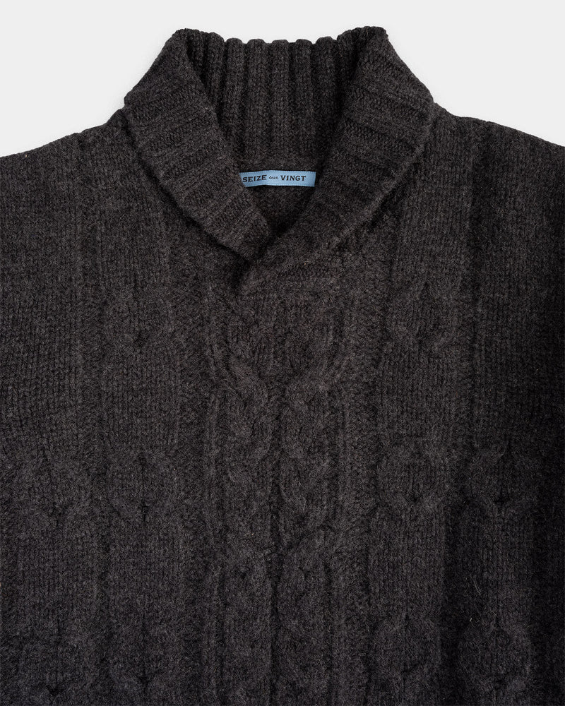 Charcoal Cable Knit Shawl Cashmere Sweater
