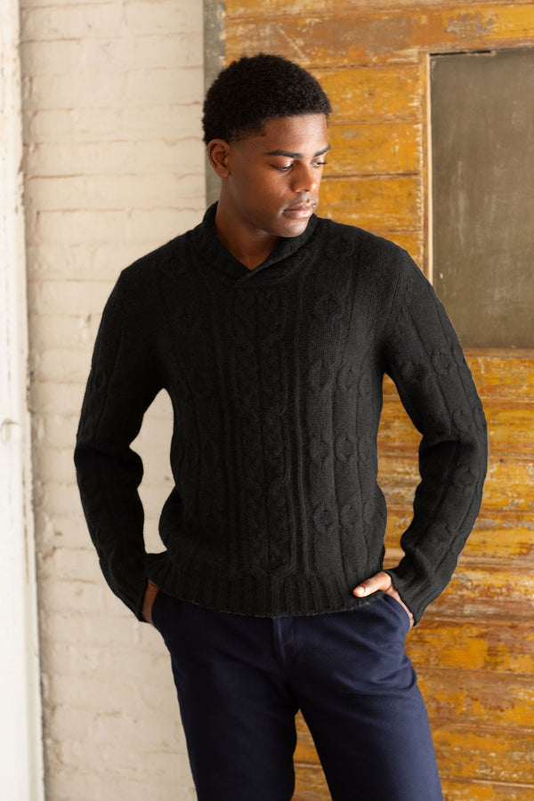 Charcoal Cable Knit Shawl Cashmere Sweater