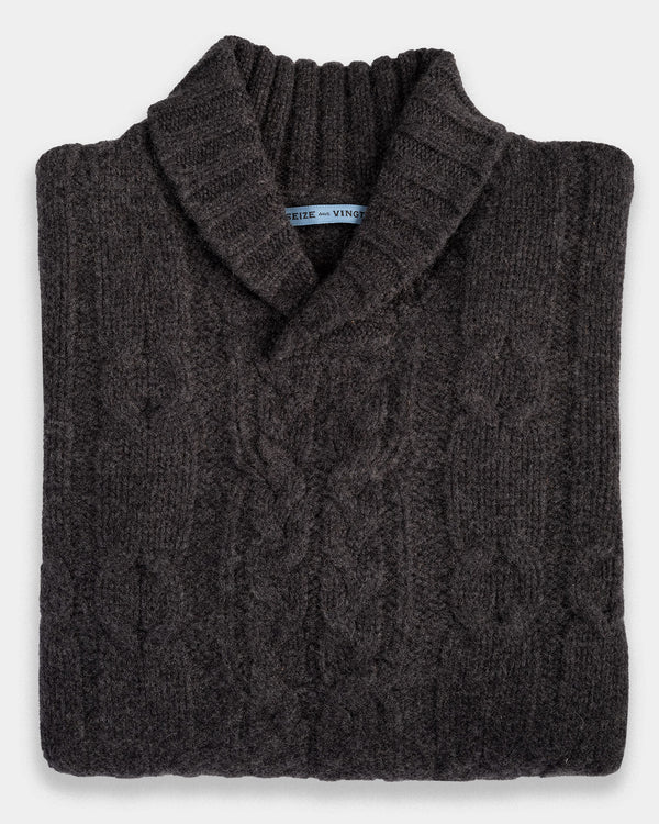 Charcoal Cable Knit Shawl Cashmere Sweater