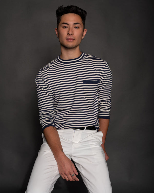 Marina Piccola Blue-White Striped Cotton Crew (Sale)