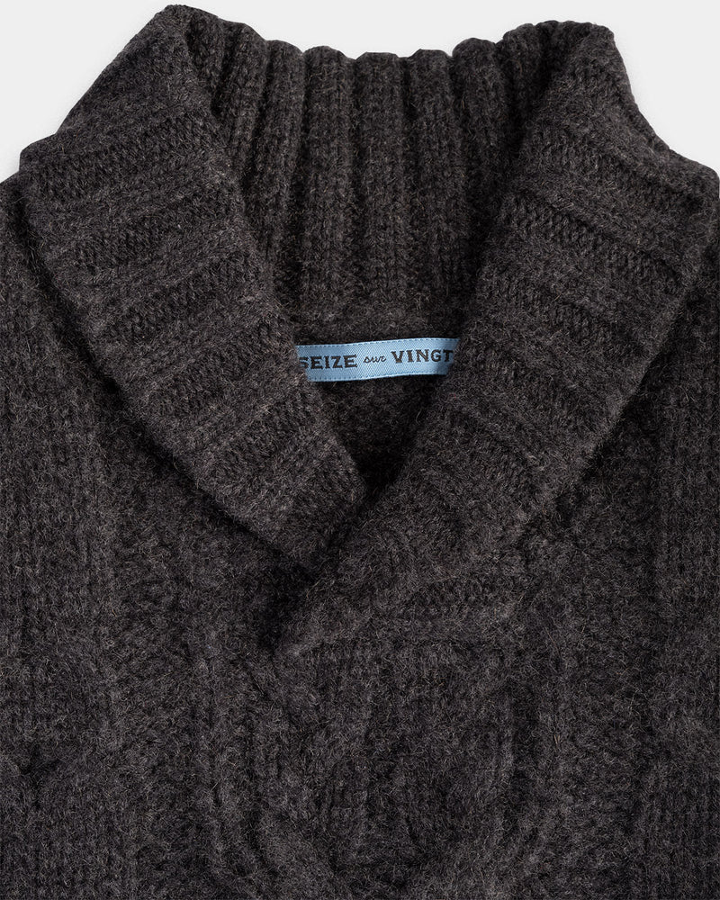 Charcoal Cable Knit Shawl Cashmere Sweater