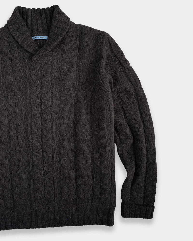Charcoal Cable Knit Shawl Cashmere Sweater