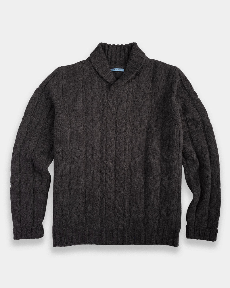 Charcoal Cable Knit Shawl Cashmere Sweater